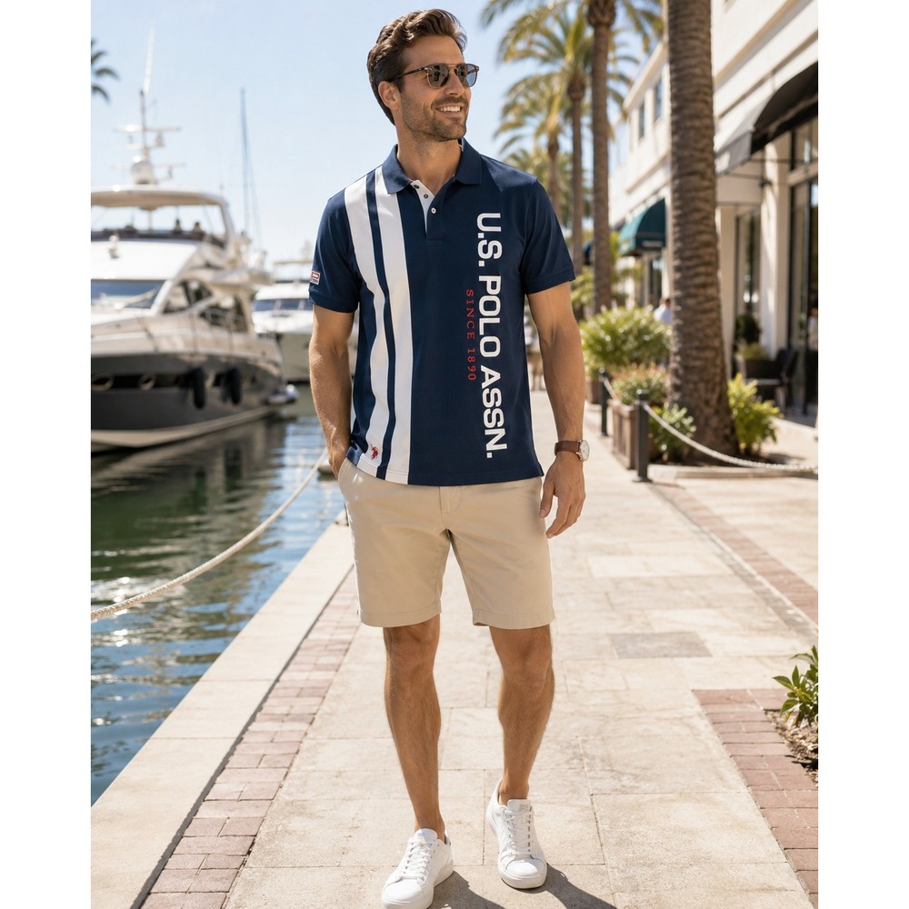 U.S. Polo Assn. Polo Shirt Mens XL Navy Blue Graphic Stripe Short Sleeve Cotton